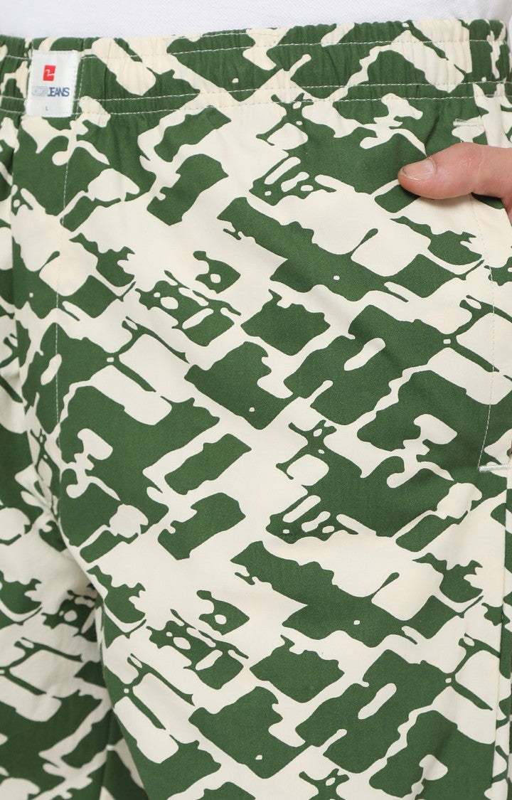 Men Premium Off White & Olive Cotton Printed Pyjama - UnderJeans By Spykar