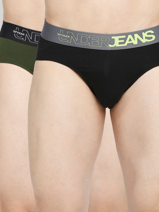 Men Premium Olive & Black Cotton Blend Brief - Pack Of 2- UnderJeans by Spykar
