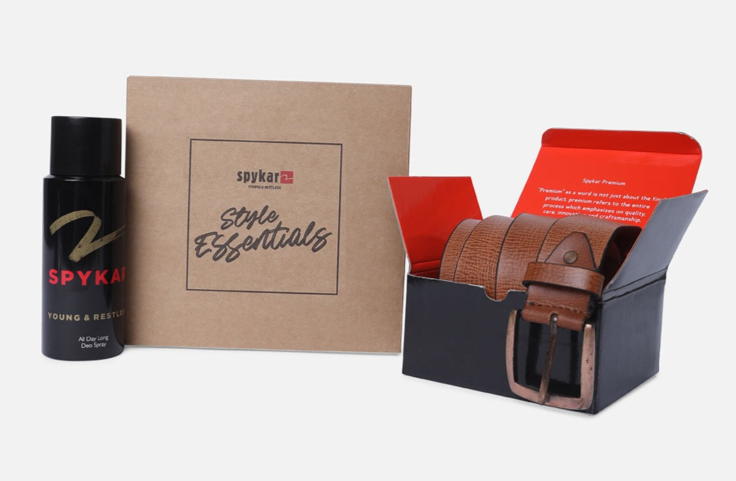 Spykar Tan Belt (L) & Olive Deodorant Combo