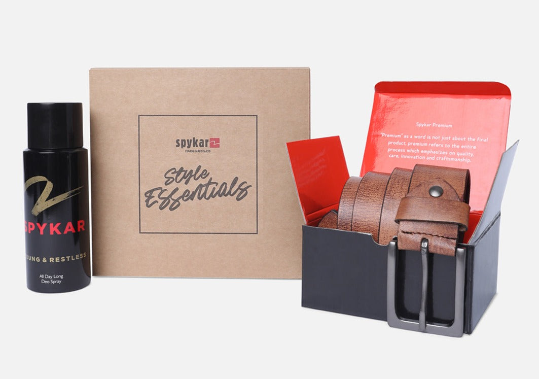 Spykar Tan Belt (L) & Olive Deodorant Combo