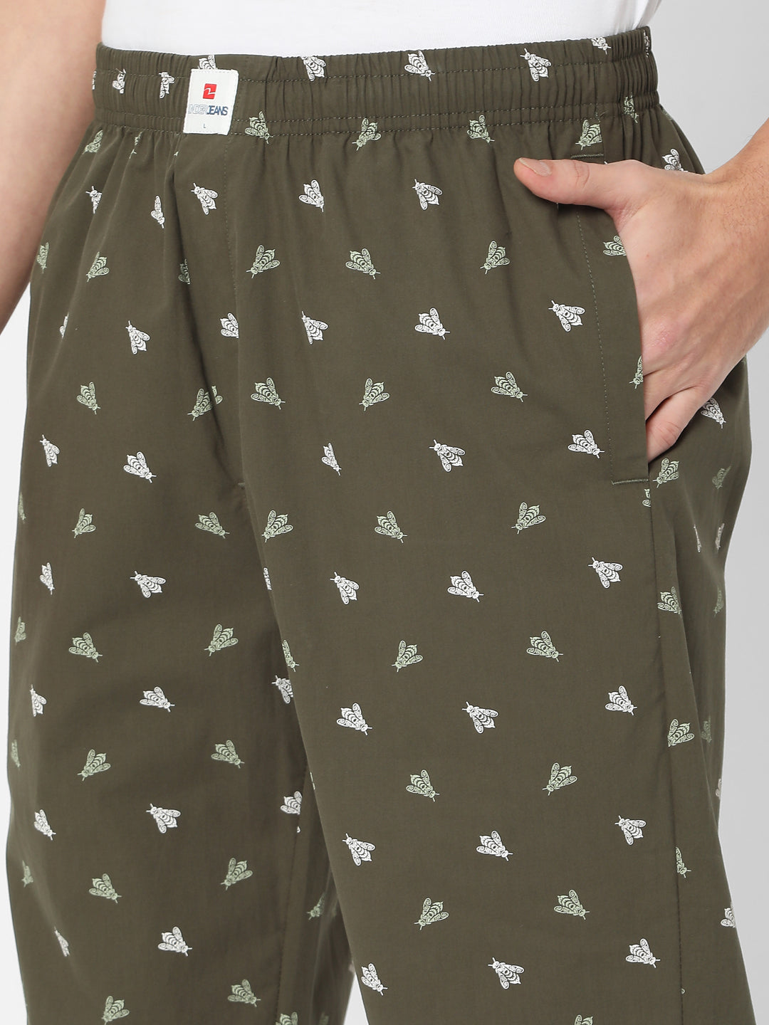 Men Premium Olive Cotton Printed Pyjama- UnderJeans By Spykar