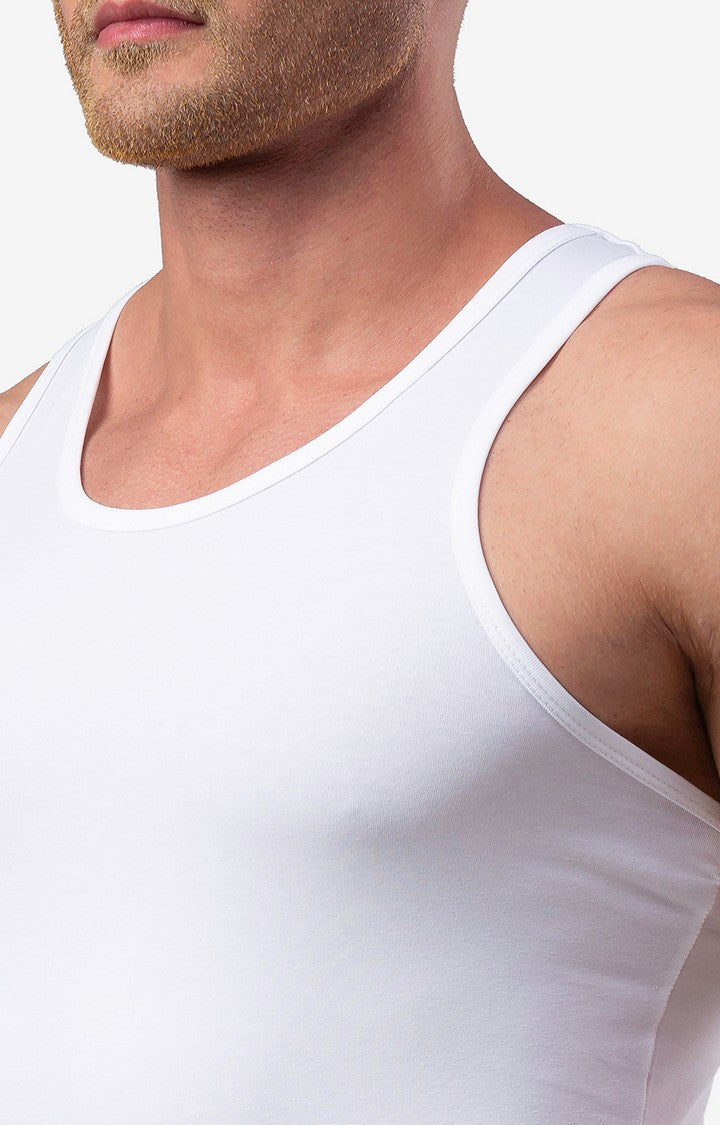 Men Premium White Round Neck Cotton Blend Vest- UnderJeans by Spykar
