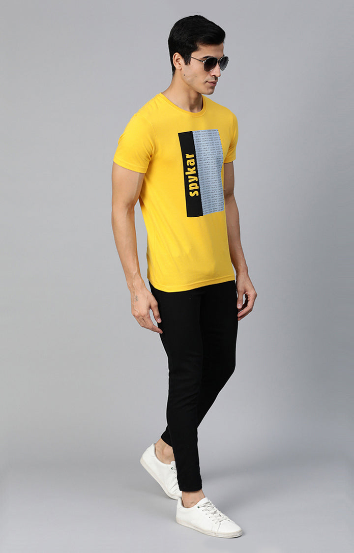 Mustard Cotton Printed Round Neck T-Shirts- UnderJeans by Spykar