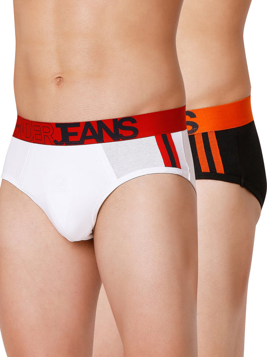 Men Premium Black-Orange & White-Red Cotton Blend Brief (Pack of 2)- UnderJeans by Spykar