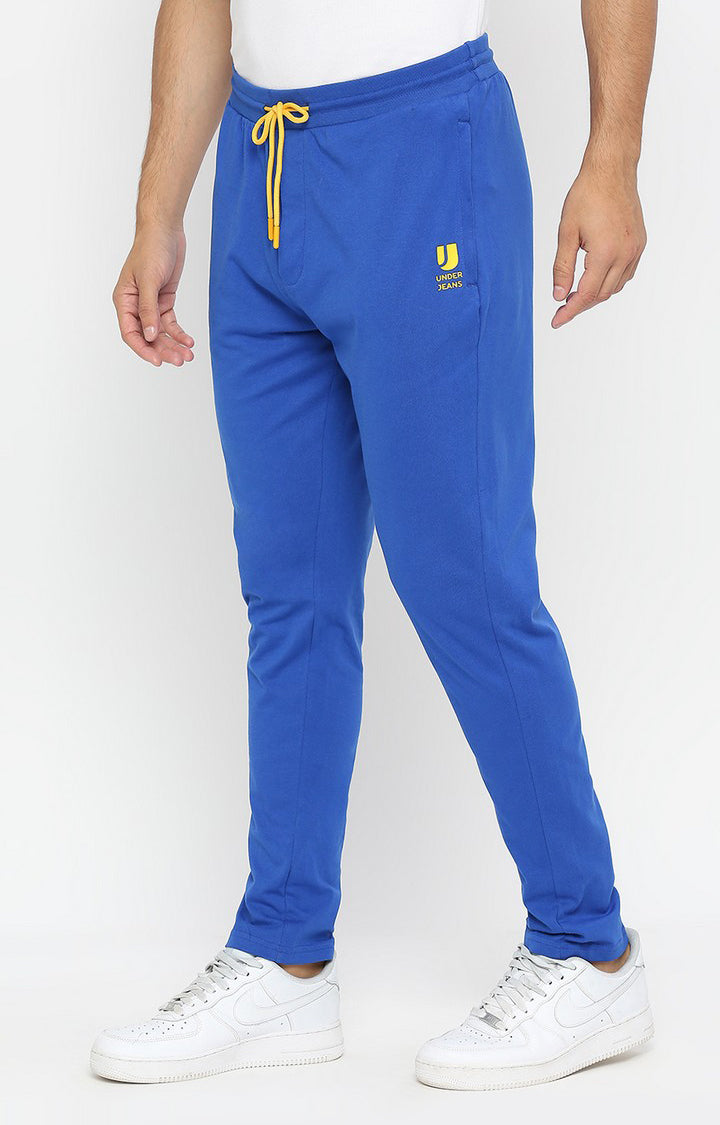 Men Premium Knitted Royal Blue Cotton Trackpant - UnderJeans by Spykar
