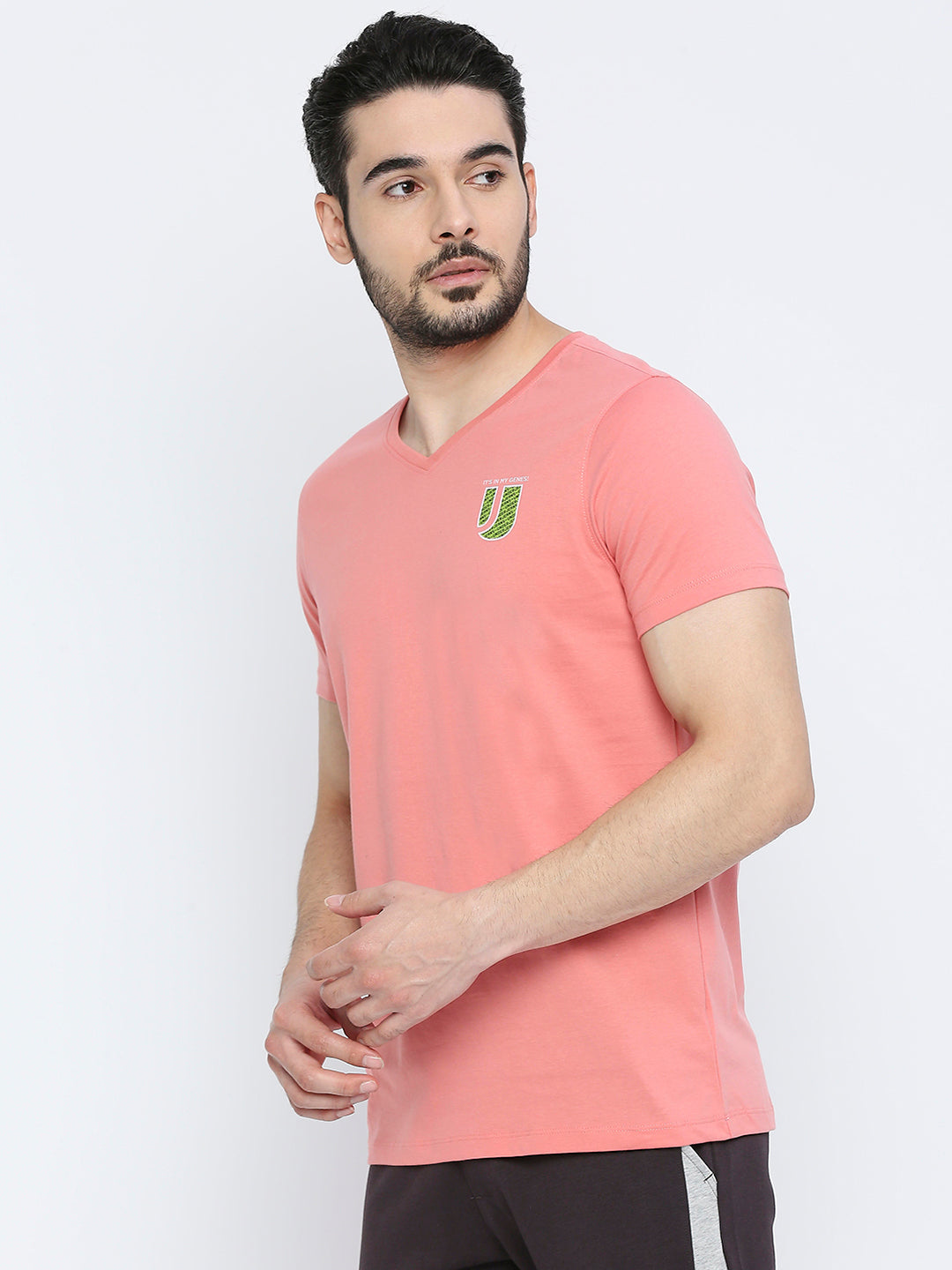 Men Premium Dusty Coral Cotton V-Neck T-shirt - UnderJeans by Spykar