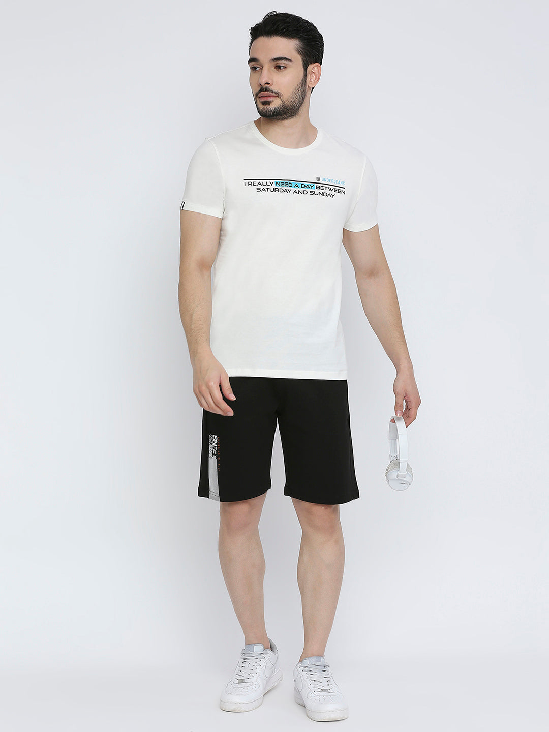 Men Premium Cotton Blend Knitted Black Shorts - UnderJeans by Spykar