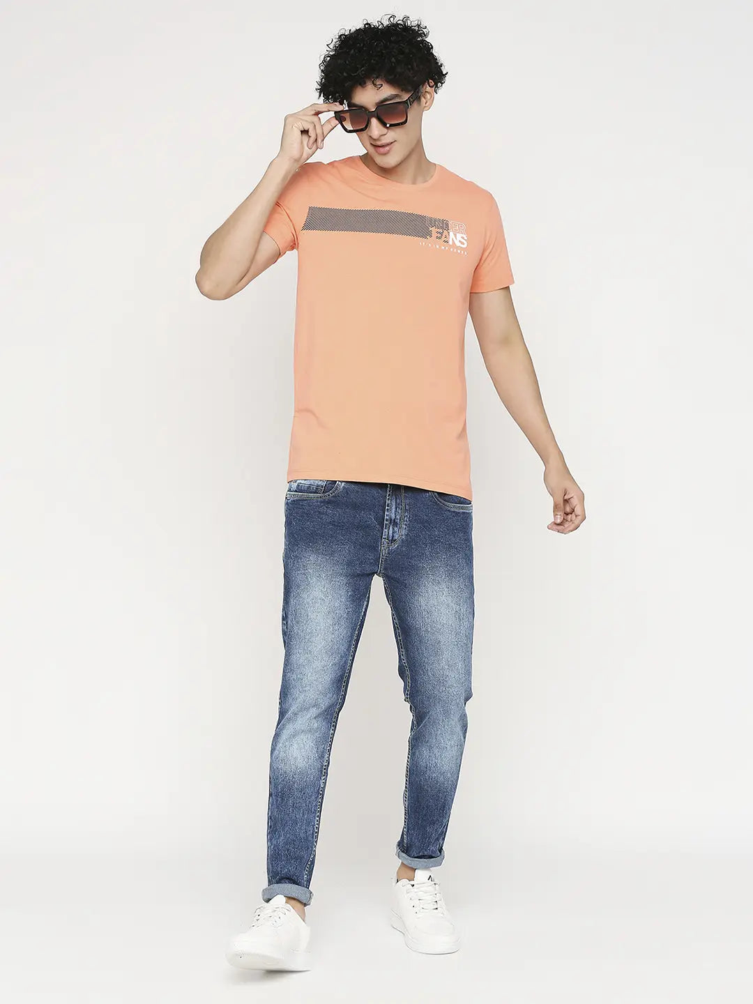 Men Premium Peach Cotton Half Sleeve Printed Tshirt- UnderJeans by Spykar