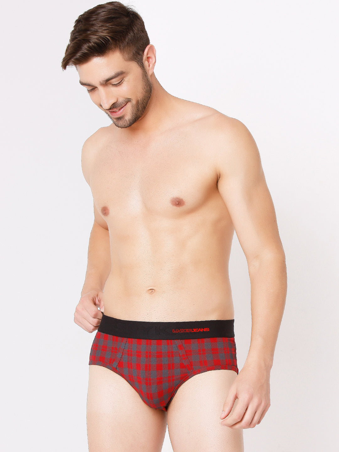 Men Premium Black Check & Maroon Check Cotton Blend Brief (Pack of 2)- UnderJeans by Spykar