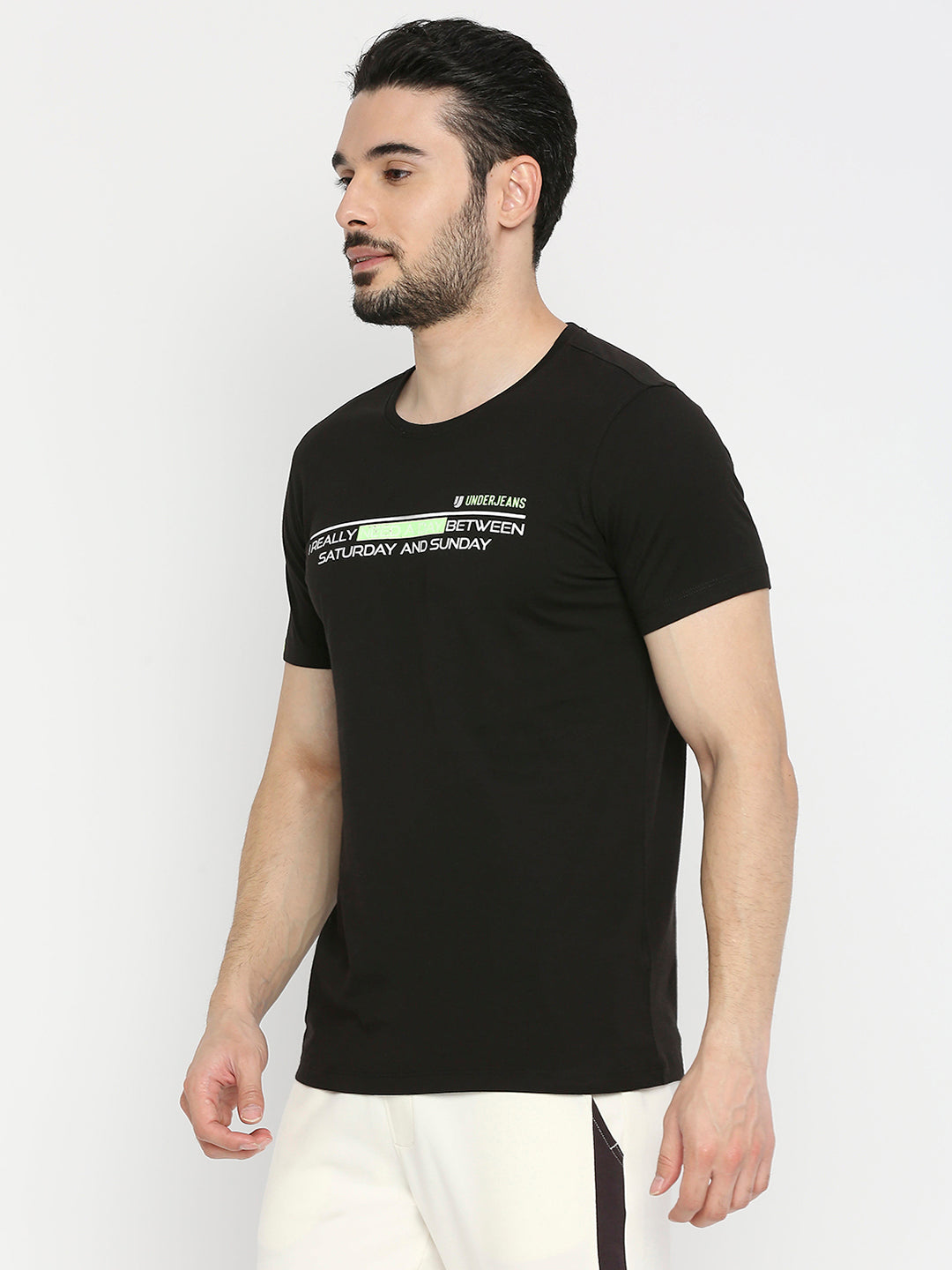 Men Premium Cotton Black Round Neck Tshirt- UnderJeans by Spykar