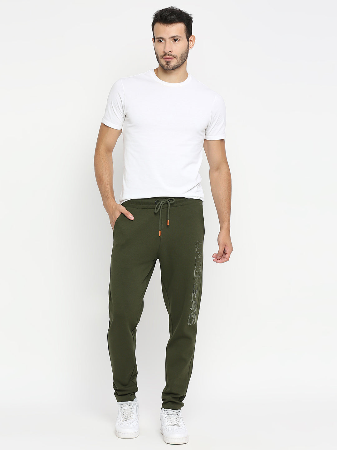 Men Premium Knitted Rifle Green Cotton Straight Fit Trackpants - UnderJeans by Spykar
