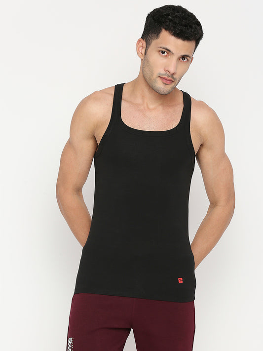 Men Premium Black Cotton Blend Vest - UnderJeans by Spykar