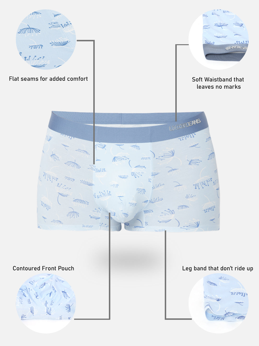 Men SkyBlue Printed Super Premium Bonded Elastic Trunk - UnderJeans by Spykar