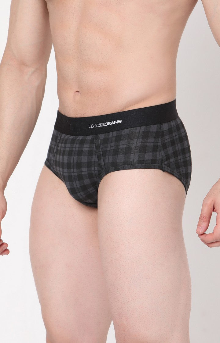 Men Premium Cotton Blend Black-Check Brief- UnderJeans by Spykar