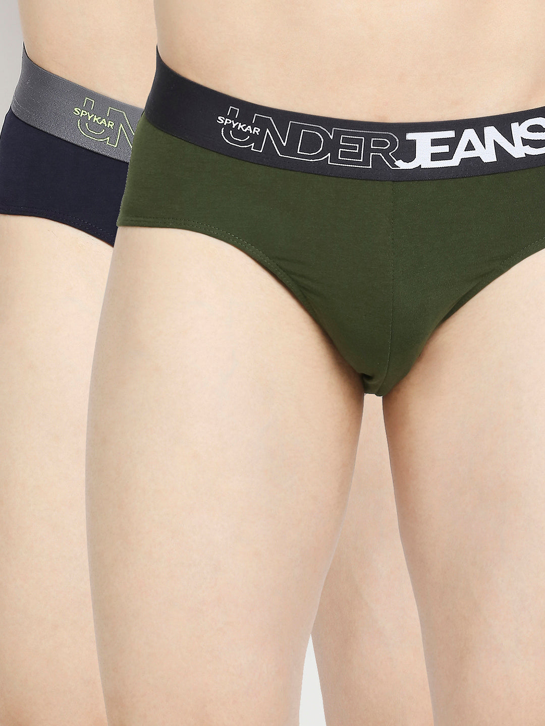 Men Premium Navy Blue & Olive Cotton Blend Brief - Pack Of 2- UnderJeans by Spykar