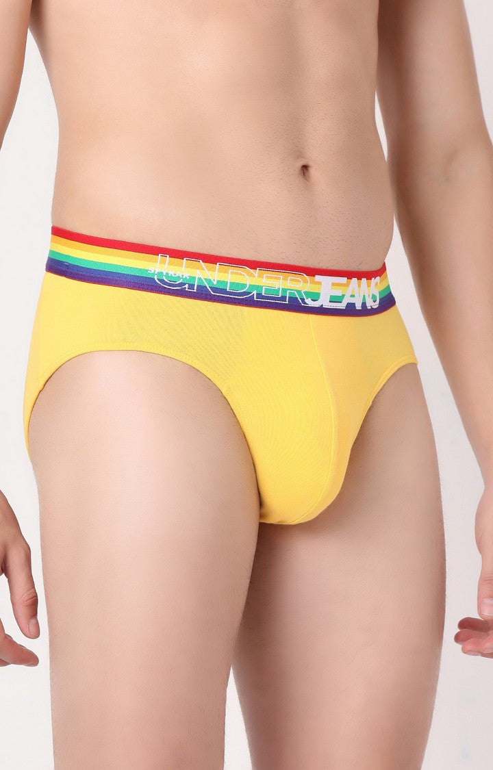 Men Premium Yellow Multi Cotton Blend Brief- UnderJeans by Spykar