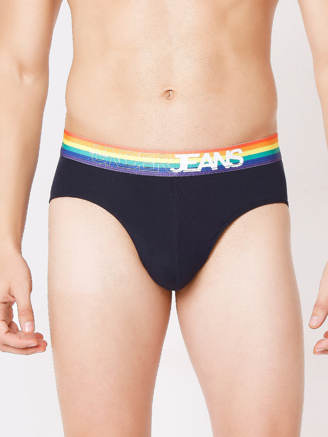 Men Premium Navy Multi & White Blue Cotton Blend Brief (Pack of 2)- UnderJeans by Spykar