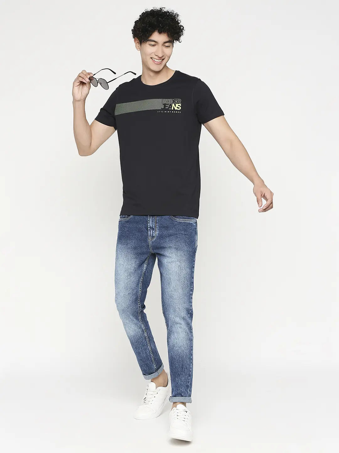 Men Premium Navy Blue Cotton Half Sleeve Printed Tshirt- UnderJeans by Spykar