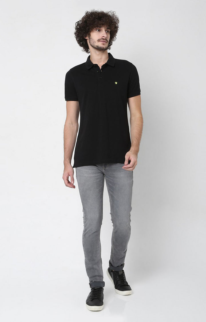 Men Premium Black Cotton Polo T-Shirts - UnderJeans By Spykar