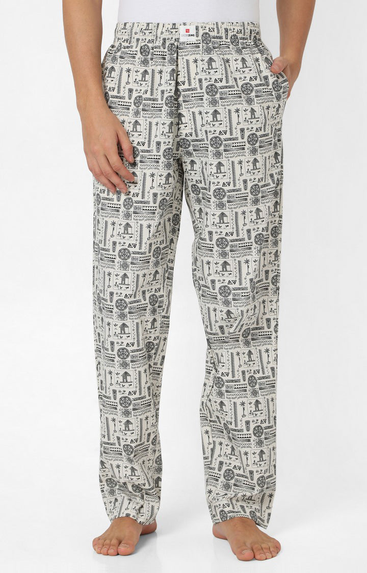 Men Premium Off White & Black Cotton Printed Pyjama - UnderJeans by Spykar