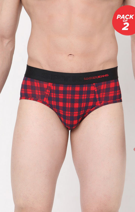 Men Premium Cotton Blend Blue-Check Brief - (Pack of 2)- UnderJeans by Spykar