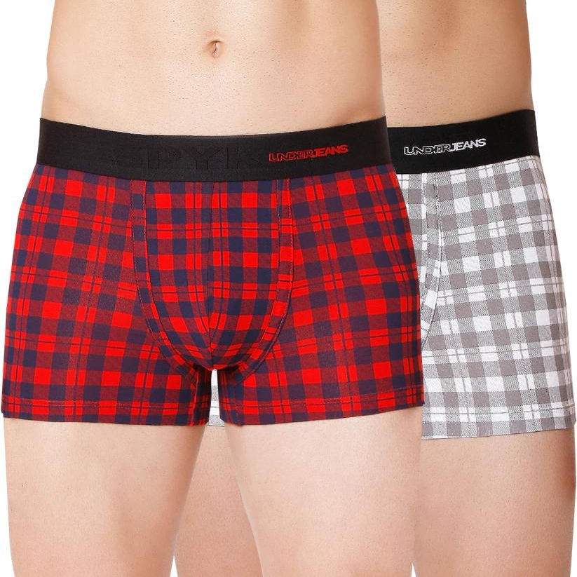 Men Premium Blue Check & White Check Cotton Blend Trunk (Pack of 2)- UnderJeans by Spykar