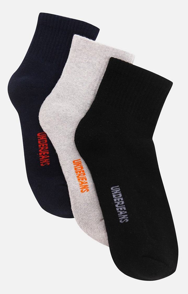 Men Premium Black Navy Grey Ankle Length (Half Terry) (Pack of 3) Socks- UnderJeans by Spykar