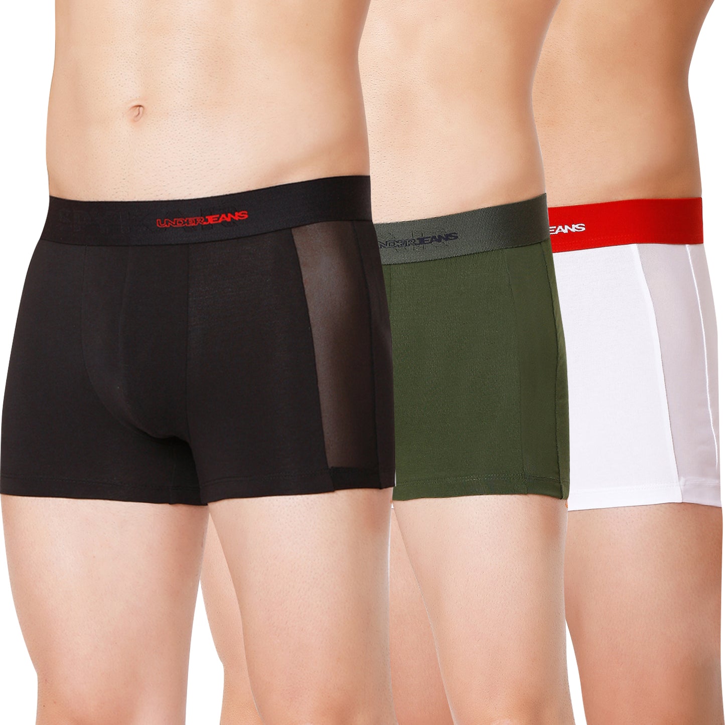 Men Premium Black Olive White Cotton Blend Trunk (Pack of 3)- UnderJeans by Spykar
