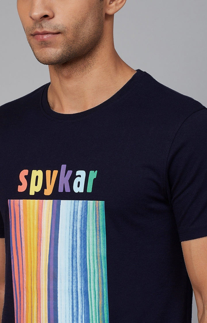 Navy Cotton Printed Round Neck T-Shirts- UnderJeans by Spykar