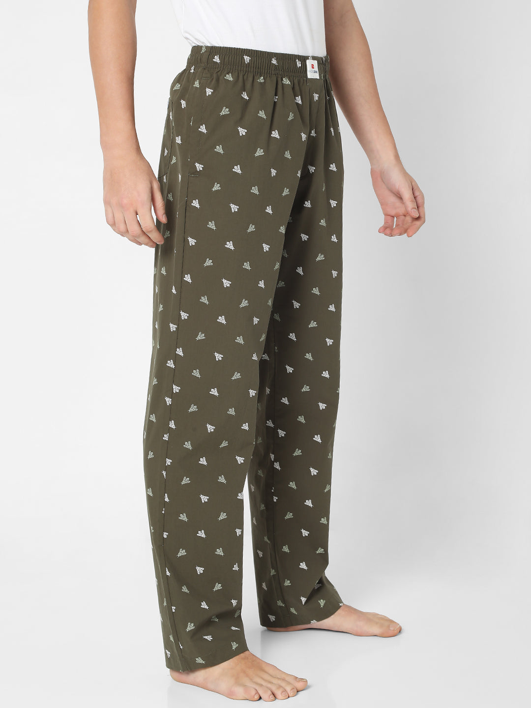 Men Premium Olive Cotton Printed Pyjama- UnderJeans By Spykar