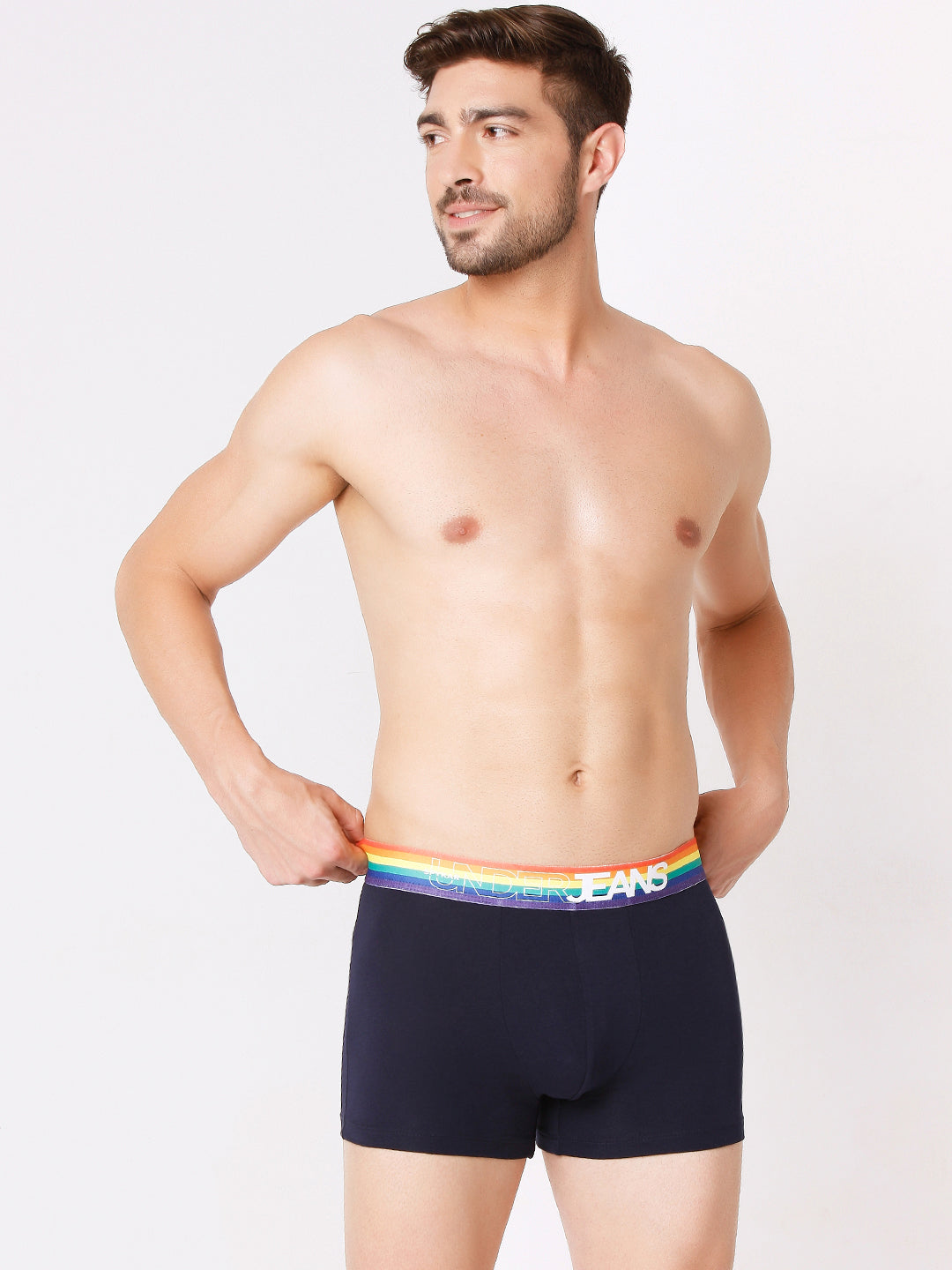 Men Premium Navy Multi & White Blue Cotton Blend Trunk (Pack of 2)- UnderJeans by Spykar