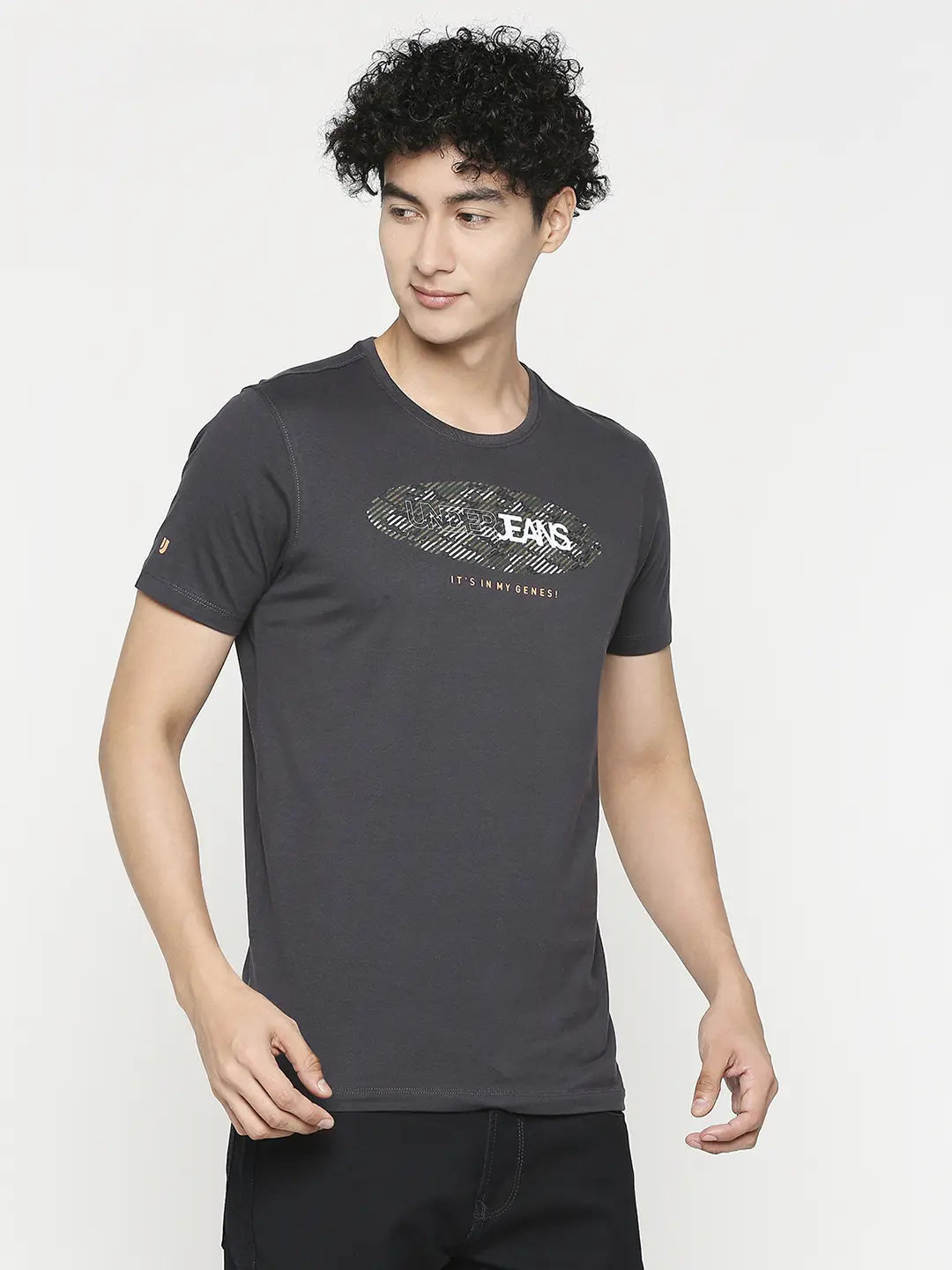 Men Premium Slate Grey Cotton Half Sleeve Printed Tshirt - UnderJeans by Spykar