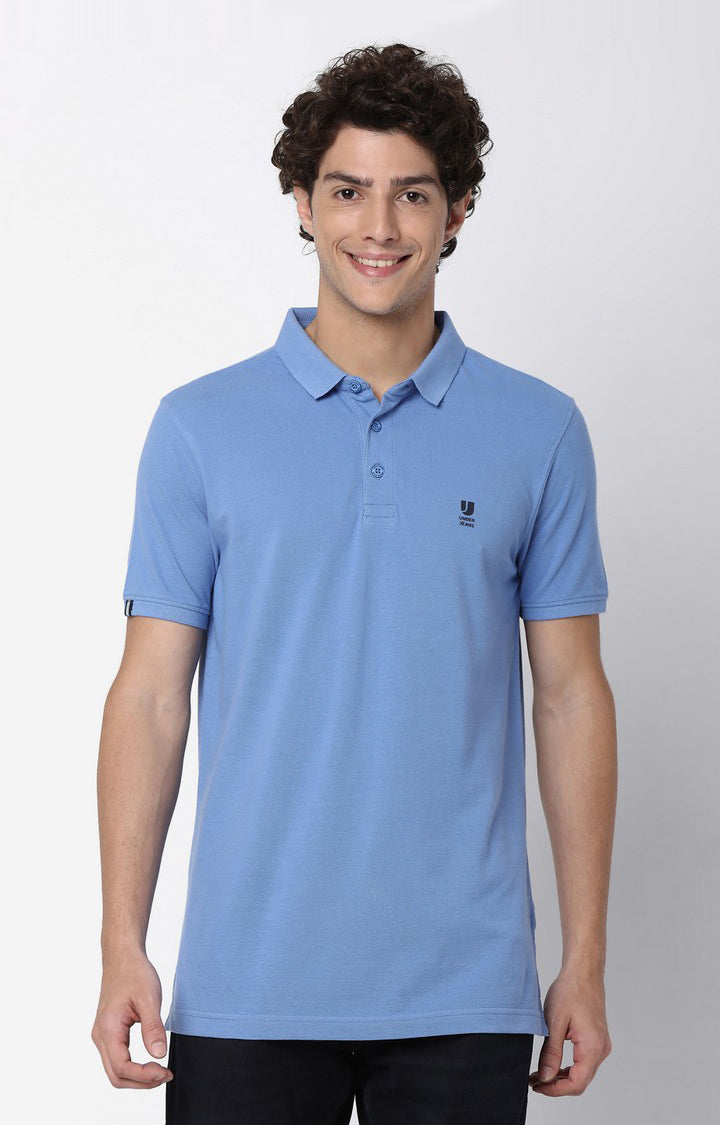 Men Premium Blue Cotton Polo T-Shirts - UnderJeans by Spykar