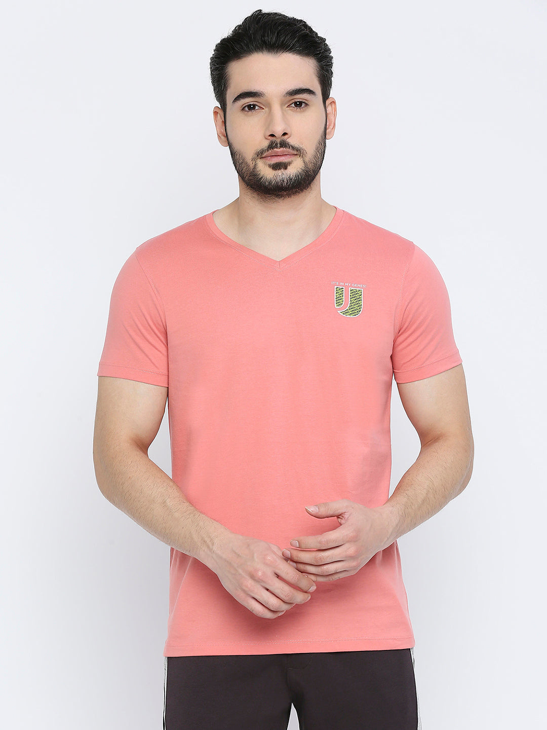 Men Premium Dusty Coral Cotton V-Neck T-shirt - UnderJeans by Spykar