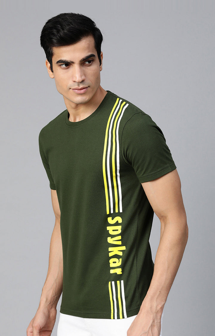Olive Cotton Solid Round Neck T-Shirts- UnderJeans by Spykar