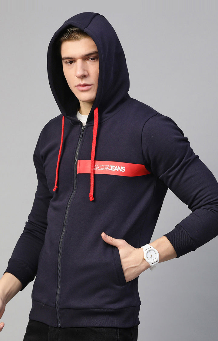 Navy Cotton Solid Hooded Sweatshirts- UnderJeans by Spykar