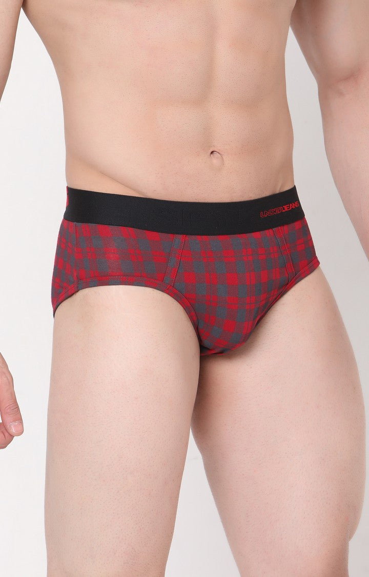 Men Premium Cotton Blend Maroon-Check Brief- UnderJeans by Spykar
