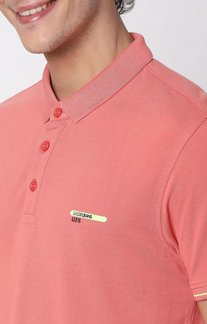 Men Premium Dusty Coral Cotton Regular Fit Polo T-shirt - UnderJeans by Spykar