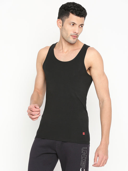 Men Premium Black Cotton Blend Vest - UnderJeans by Spykar