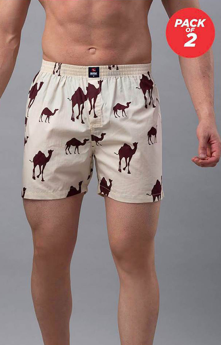 Beige Cotton Boxers for Men Premium - (Pack of 2)- UnderJeans by Spykar