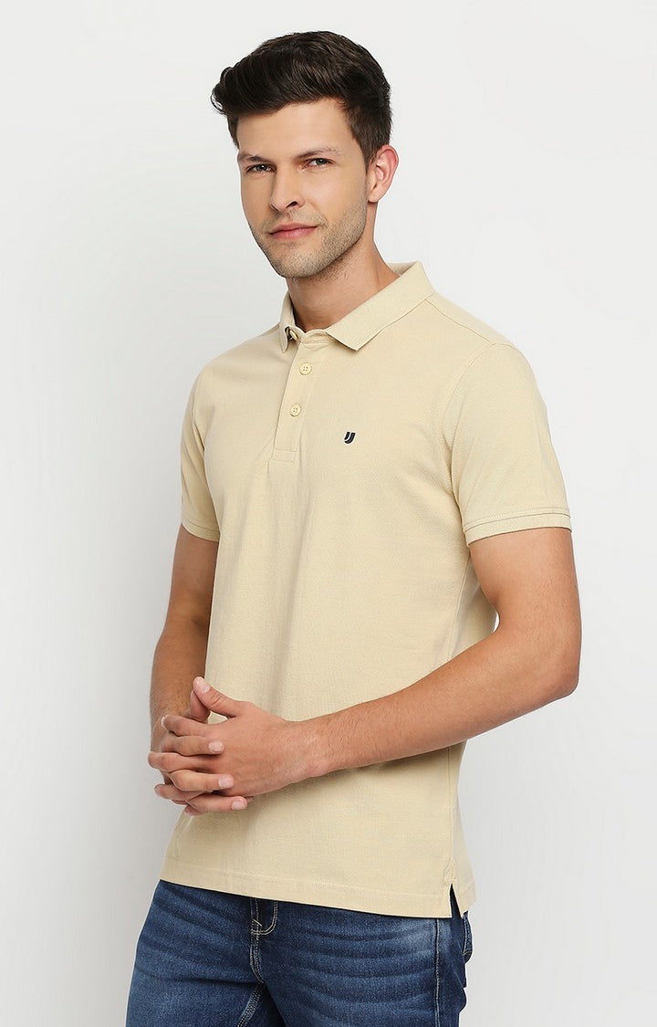 Men Premium Beige Cotton Regular Fit Polo T-Shirt- UnderJeans by Spykar
