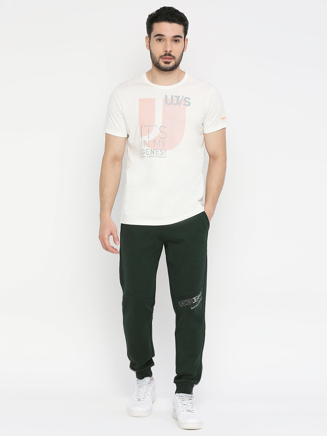 Men Premium Cotton Bottle Green Trackpant - UnderJeans by Spykar