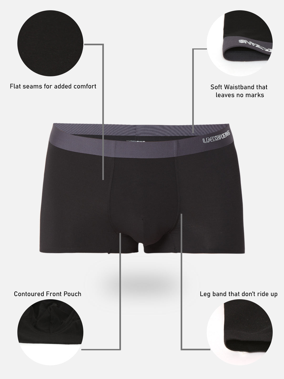 Men Black Solid Super Premium Bonded Elastic Trunk - UnderJeans by Spykar