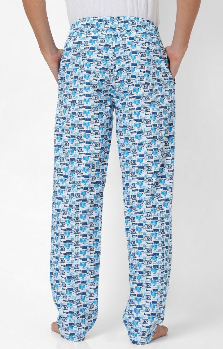 Men Premium White & Dark Blue Cotton Printed Pyjama - UnderJeans By Spykar