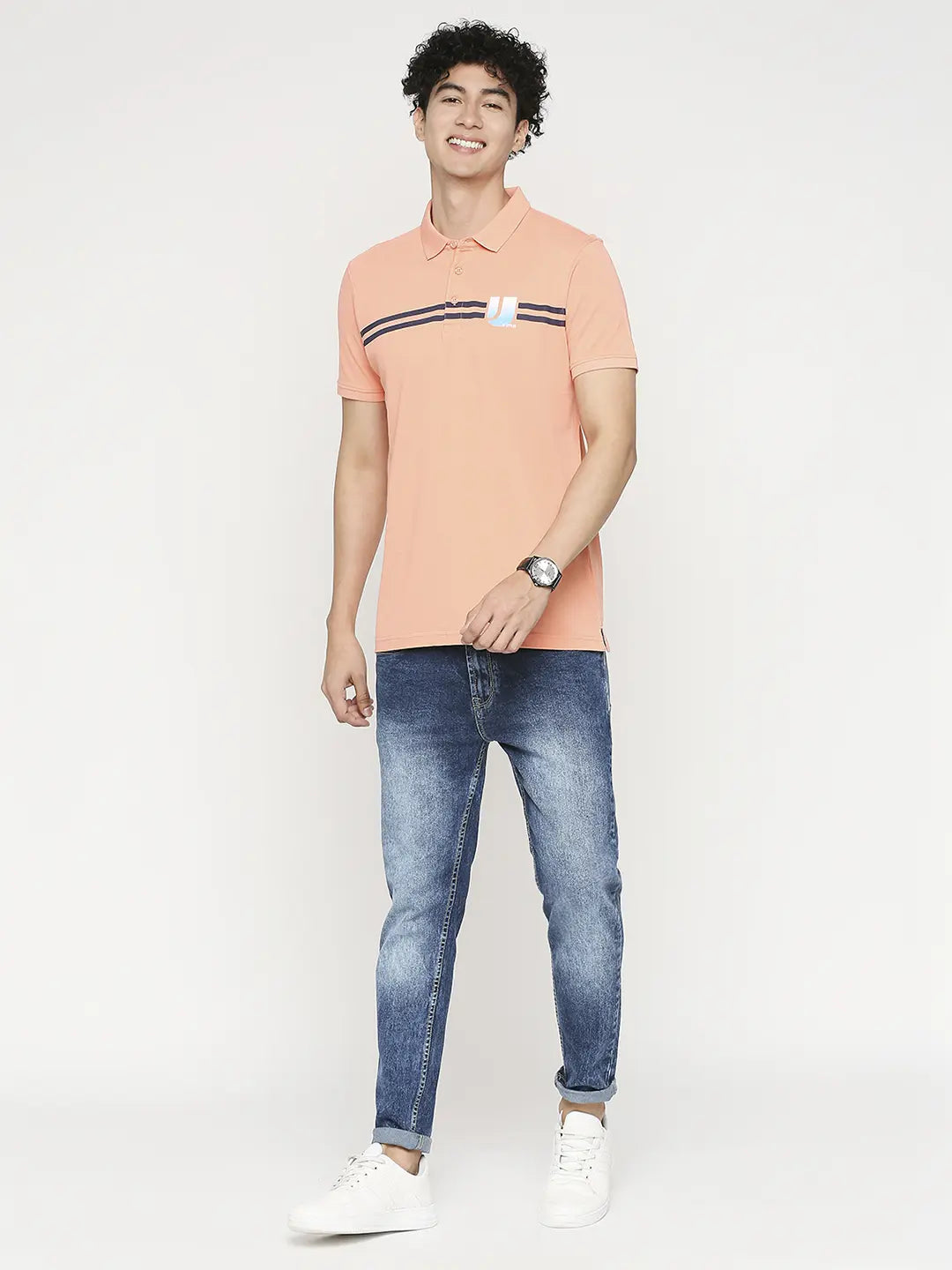 Men Premium Cotton Peach Polo T-shirt - UnderJeans by Spykar