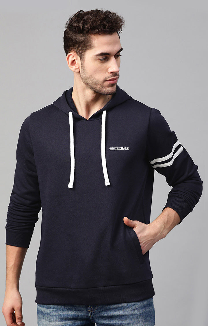 Navy Cotton Solid Hooded Sweatshirts- UnderJeans by Spykar