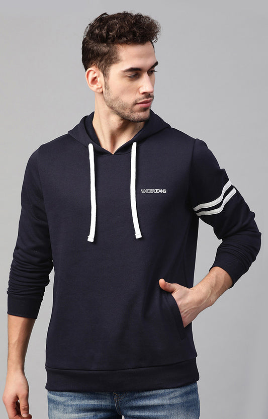 Navy Cotton Solid Hooded Sweatshirts- UnderJeans by Spykar