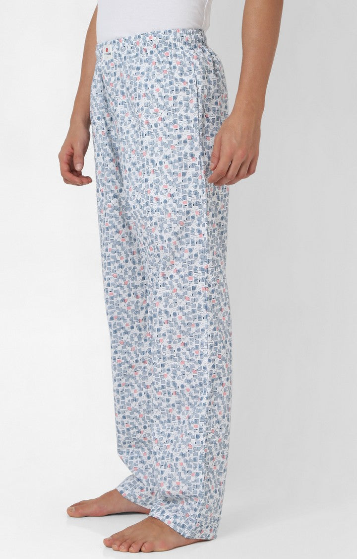 Men Premium White & Blue Cotton Printed Pyjama - UnderJeans By Spykar