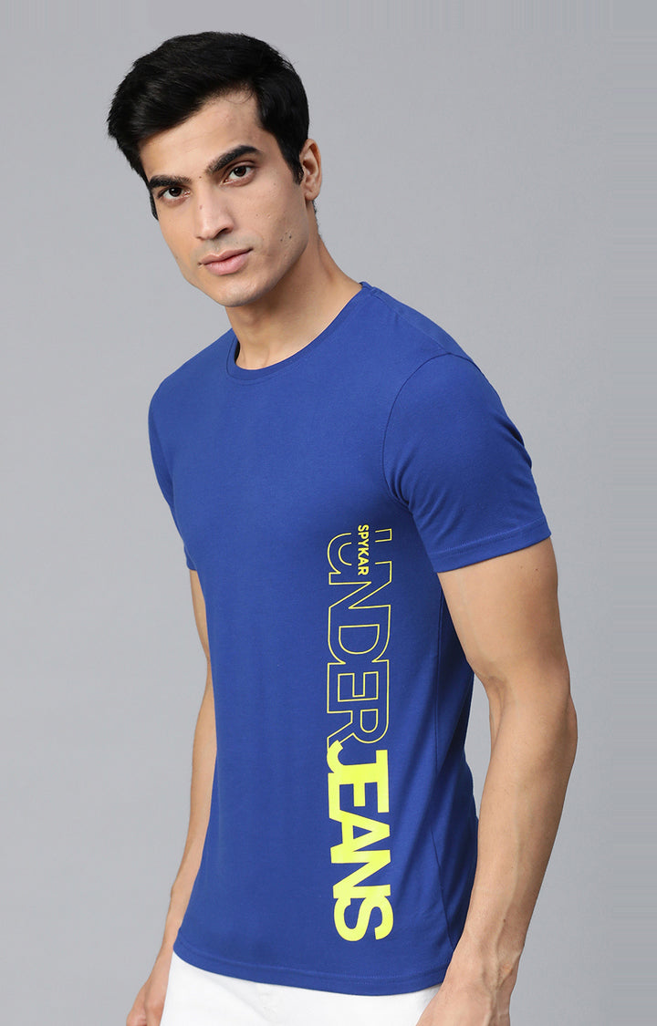 Men Premium Blue Cotton Solid Round Neck T-Shirts- UnderJeans by Spykar