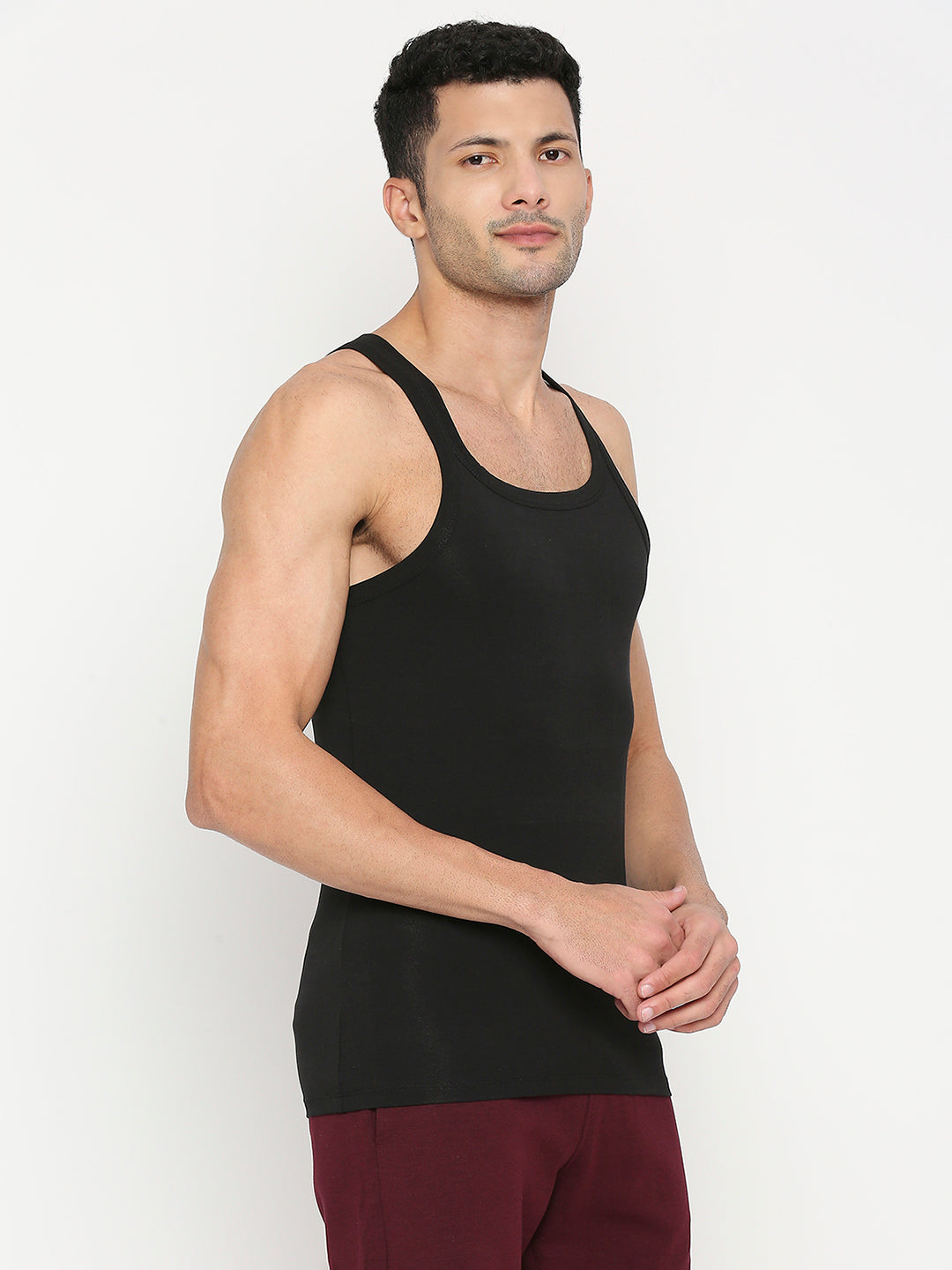 Men Premium Black Cotton Blend Vest - UnderJeans by Spykar